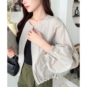 ジャケット ノーカラージャケット ナイロン光沢シャイニーワッシャーノーカラーブルゾン レディース