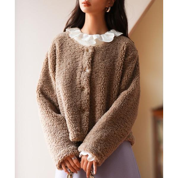 ジャケット ノーカラージャケット モコモコショート丈ボア生地コート レディース