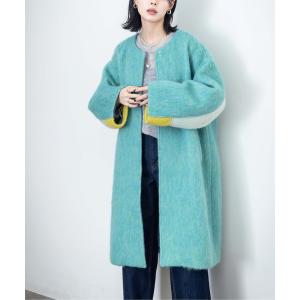 ノーカラーコート コート マーブルシャギーロングコート レディース