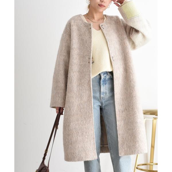 ノーカラーコート コート マーブルシャギーロングコート レディース