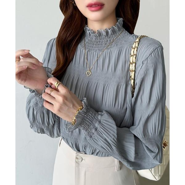 ブラウス シャツ 裏起毛であたたかい シャーリングハイネックブラウス 裏起毛 シャーリングブラウス ...