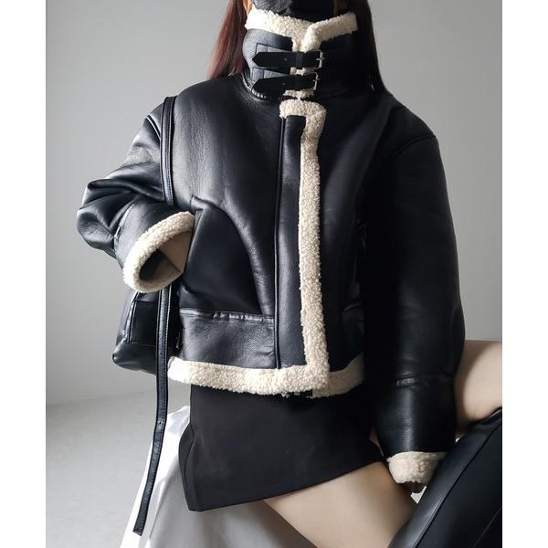 ムートンコート ボアコート フェイクレザームートンB-3クロップドフライトジャケット レディース