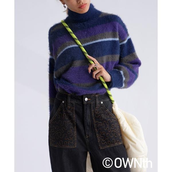 ニット セーター シャギーボーダータートルネックニットトップス レディース メンズ