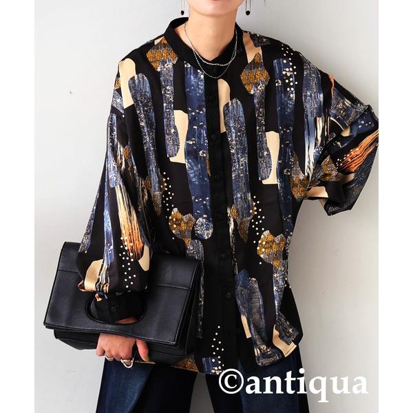 ブラウス シャツ アート柄スタンドカラーシャツ レディース