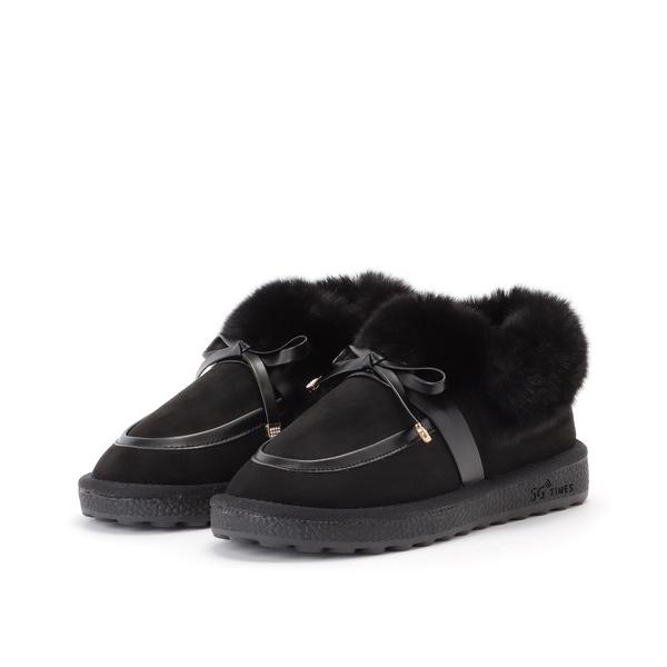 ブーツ ファー付きスエード調モカシン風ショートブーツ レディース