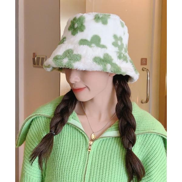 帽子 ハット フラワー柄 フェイクファー ボリューミーバケットハット レディース