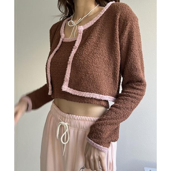 カーディガン バイカラーニットソーカーディガン＆キャミセット レディース