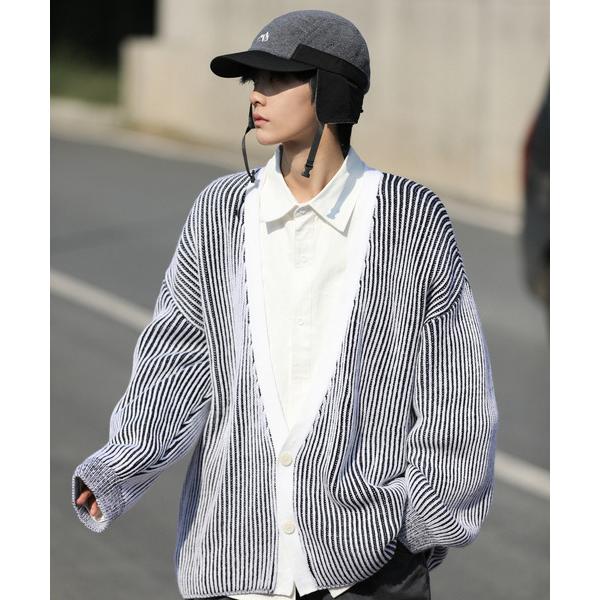 カーディガン 「neos -addictive design-」ビッグシルエット 網目調 ストライプ...