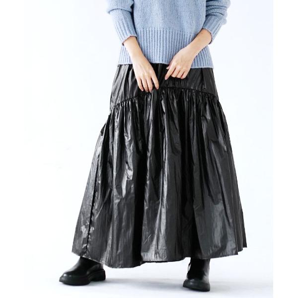 スカート 「光を纏う、主役級スカート。」 メタリック タフタギャザー フレアスカート