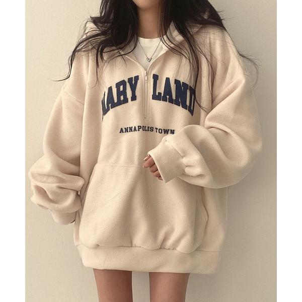 パーカー ボアハーフジップフロントロゴプルパーカー レディース