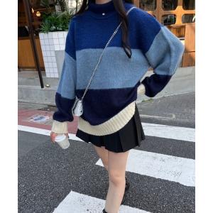 タートルネック ニット セーター 「低身長サイズあり」モヘアライクボーダーニット レディース
