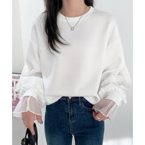 トレーナー スウェット 袖スリットシアーオーガンジードッキングダンボールニットスウェット レディース