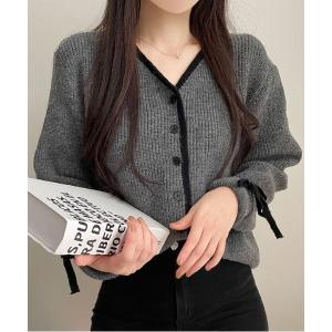 カーディガン バイカラーリボンカーディガン レディース