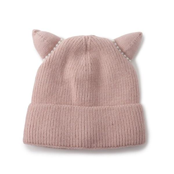 ニット帽 ニットキャップ フェイクパールネコミミニット帽 レディース