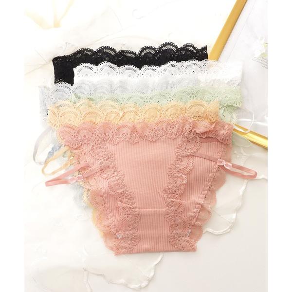 ショーツ 「6枚セット」縁スカラップレースコットンストライプショーツ
