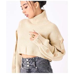 ニット セーター 袖ボタン クロップド ニット セーター ハイネック スタンドカラー レディース