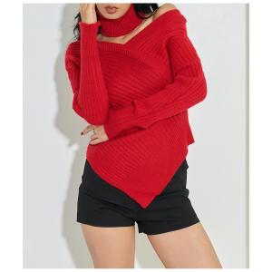 ニット セーター カシュクールアシンメトリー Vネック チョーカー付 セーター ニット 長袖 レディース