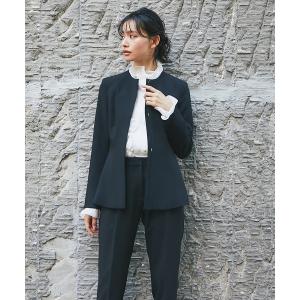 レディース ノーカラーペプラムジャケット＆スラックスパンツセットアップスーツ