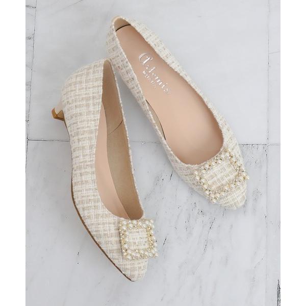 パンプス パールビジューバックルローヒールパンプス