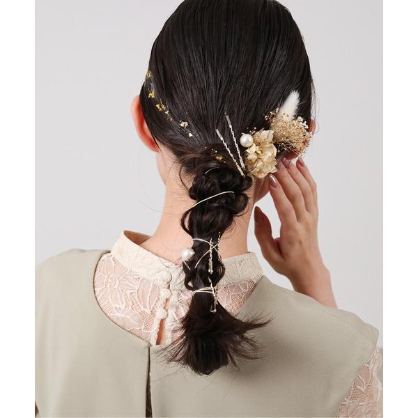 ヘアピン ドライフラワー 金箔 パール Uピン ヘアピン パーティ ヘアアレンジ 結婚式 お呼ばれ ...