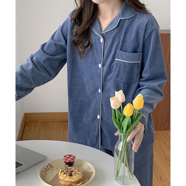 パジャマ ルームウェア 秋冬2点セット　コ一デュロイ長袖シャツ＆ロングパンツ　ルームウェア レディー...
