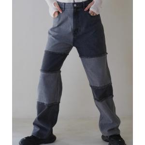 ジーンズ デニム デニムパンツ パッチワーク デニム パンツ ストレート アシンメトリー ユニーク レディース
