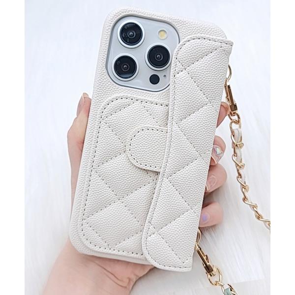 スマホケース ゴールドチェーン付き2WAYキルティングiPhoneケース