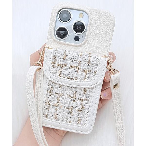 スマホケース カラーツイードポケット付きレザー調iPhoneケース