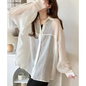 シャツ ブラウス 上品なシアー感。シアーワッシャー切替ビッグシャツ レディース