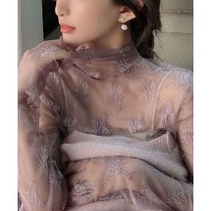 tシャツ ハイネック花柄シアートップス レディースの商品画像