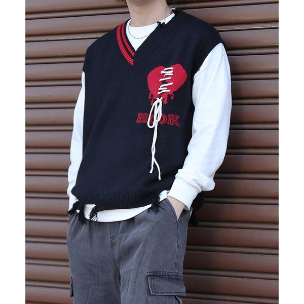 ベスト ジレ HOOK -original-　傷だらけのアシンメトリーニットベスト メンズ レディー...