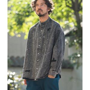 シャツ ブラウス メンズ ms5513- Chemical Wash Damage Denim Band Collar Shirts デニムシャツ