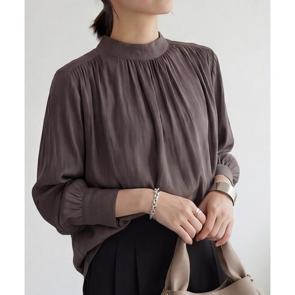 ブラウス シャツ 微光沢シボ感ギャザーブラウス レディース