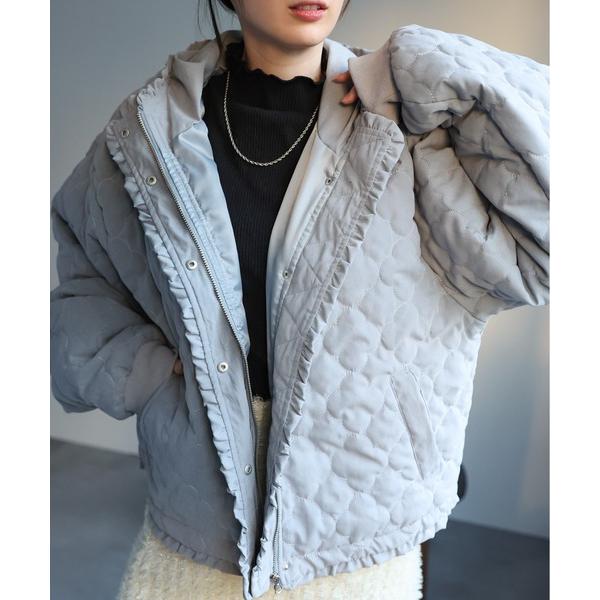 コート アウター 「フラワーキルティング」中綿フリルジャケット レディース