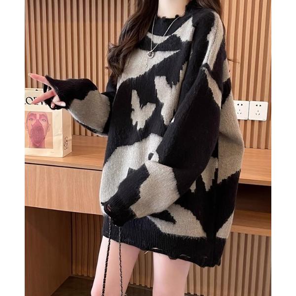 ニット セーター バタフライカモフラージュダメージニット レディース