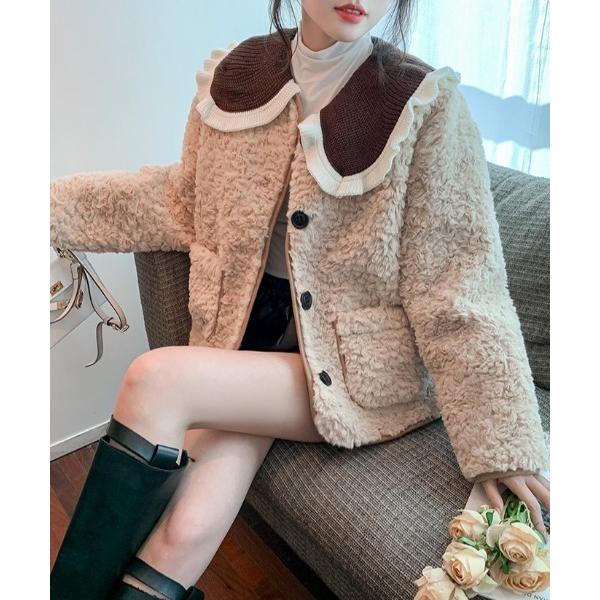 コート アウター 取り外し可能ニットカラー付きファーコート レディース