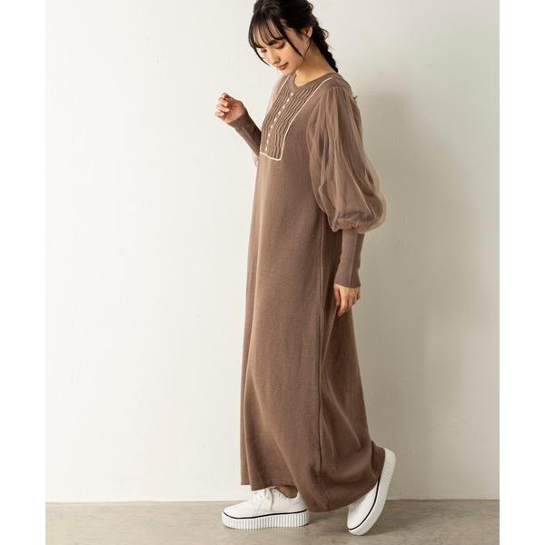 ワンピース 袖チュール配色ラインニットワンピース