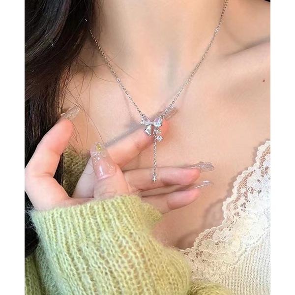 ネックレス リボンストーン チャーム ネックレス レディース