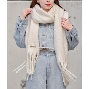 マフラー ブローチ付ボリュームフリンジストール