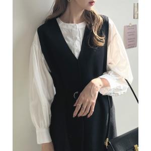 ワンピース ベルト付Vネックカットポンチワンピース レディース