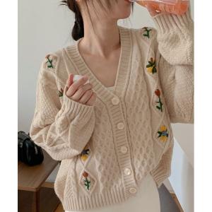 カーディガン 1枚で華やかコーデが完成。花刺繍 ケーブル ニット カーディガン レディース