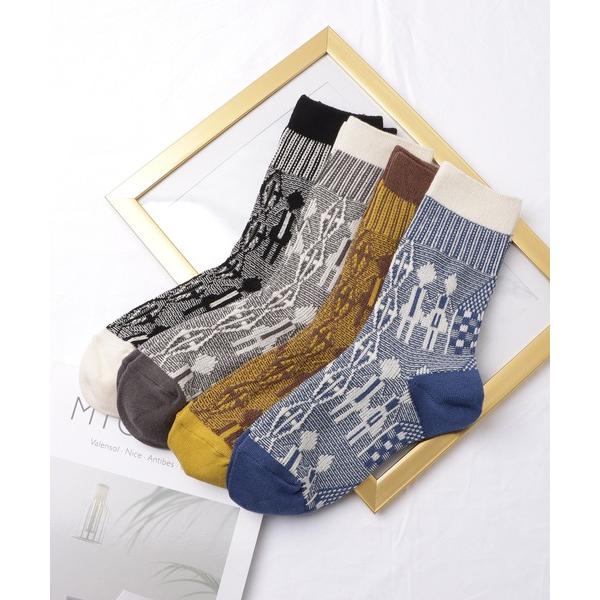 靴下 「4足セット」カップルピクト柄配色クルーソックス レディース