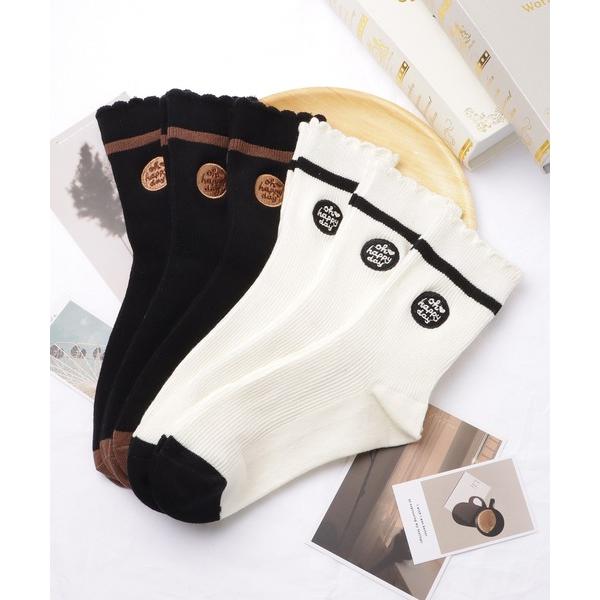 靴下 「6足セット」スカラップ配色ラインクルーソックス レディース