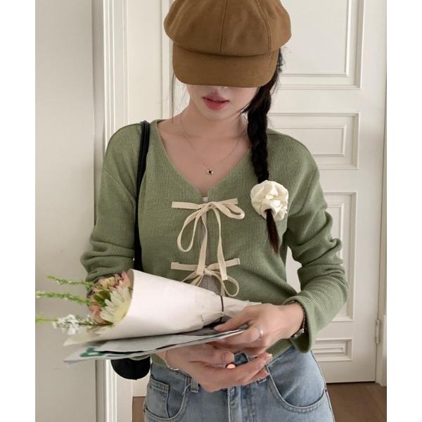 カーディガン クロップドリボンカーディガン レディース