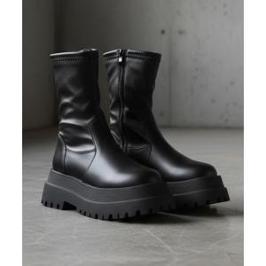 ブーツ 軽量厚底　+6cm トラックソールストレッチミドルブーツ レディース