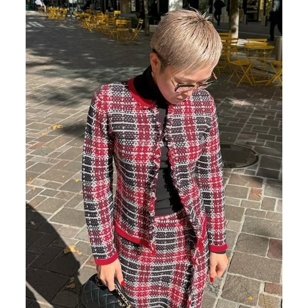 コート アウター ツイード風チェックニットジャケット レディース