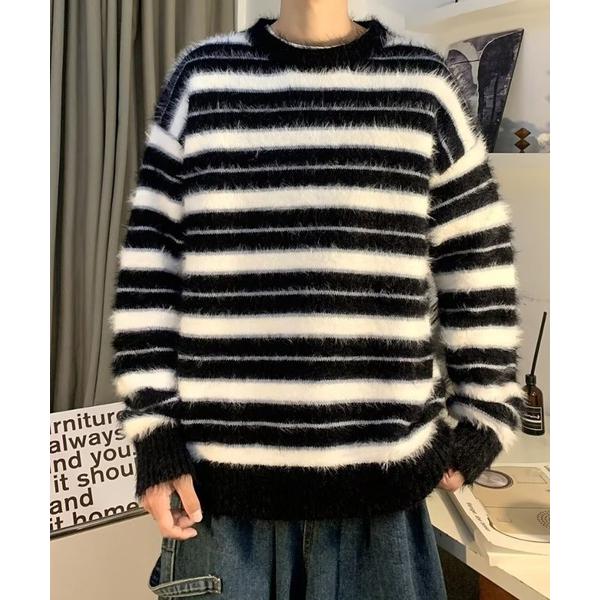 セーター ニット aimoha men BORDER FRINGE KNIT ボーダーフリンジ プル...