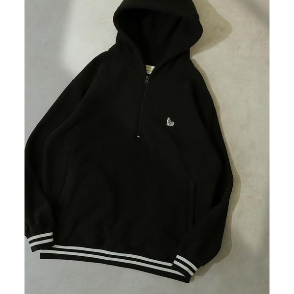 ワンポイント刺繍 ラインリブ ハーフジップフリ−スフーディ メンズ レディース