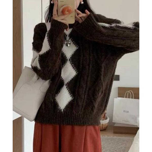 ニット セーター ダイヤ柄ケーブルニット レディース