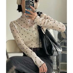 tシャツ 「25AWの新色登場!」 上品な透け感がかわいい。シアー メッシュ ハイネック トップス シアートップス ドット レディース